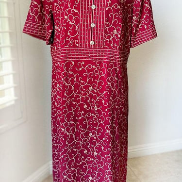 1950's Red Embroidered LARGE Vintage Dress Beaded Beige Floral Plus Size Long Dress Mid century 1940's 