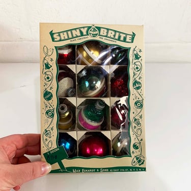 Vintage Christmas Ornaments Shiny Brite Mercury Glass Hand Painted Ornament Tree Decoration Set of 12 Box 1950s 