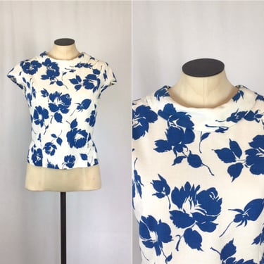 Vintage 60s blouse | Vintage white blue floral pique shirt | 1960s deadstock Judy Bond top 