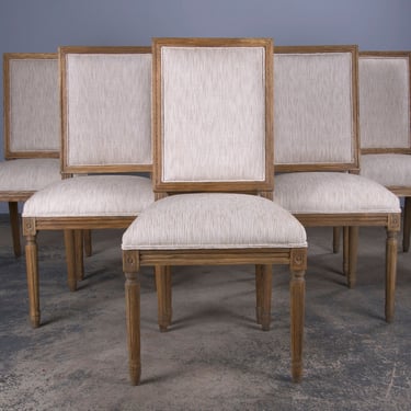 French Louis XVI Style Square Back Oak Dining Chairs W/ Striped White and Beige Chenille - Set of 6 