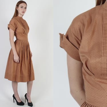 50s Cocoa Color Rockabilly Dress, 1950's Swiss Dot MCM House Dress, Simple Womens Party Full Skirt Mini Frock 