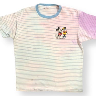 Vintage 70s/80s Disney Mickey & Miney Mouse Tie-Dye Stained Striped T-Shirt Size Medium/Large 