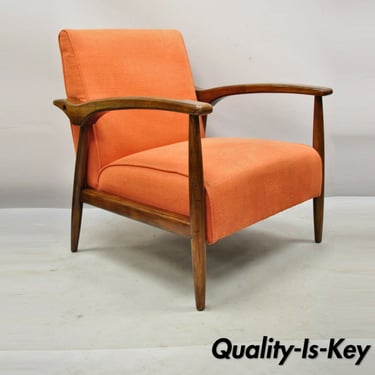 Mid Century Modern Orange Upholstered Sculpted Wood Frame Lounge Chair