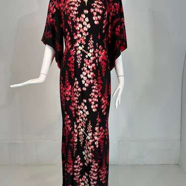 Lurline Casuals Waikiki Hawaiian Pake Muu Dress Bleeding Hearts Black Red Rayon Print 1950s