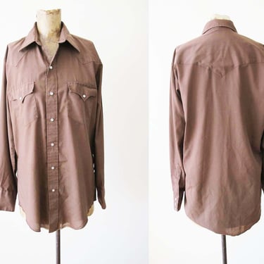 70s Brown Western Pearl Snap Shirt Medium - 1970s Vintage Mens Cowboy Long Sleeve Button Up Shirt - Solid Color 