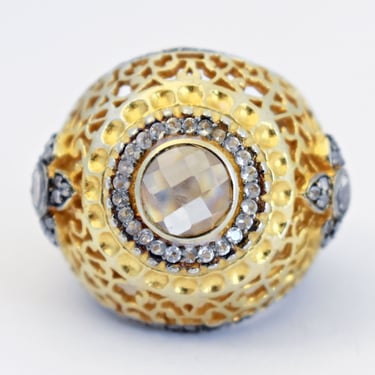 Fabulous 90's bombe 925 silver gold wash crystal size 7 ring, big sterling vermeil filigree statement 