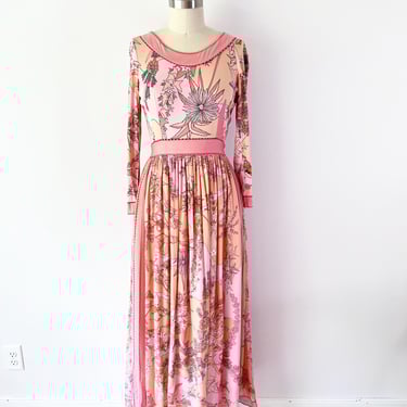 SIZE S/M - RESCUE ME! - 1970s Averardo Bessi Dress / 70s Dress / Coral Floral Psychedelic Retro Maxi Dress Silk Jersey 