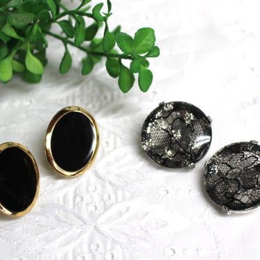 1980s clip on earrings - 2 vintage pairs - black and gold and black lace 