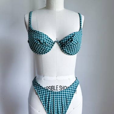 Vintage 1980s Green Check Bikini Swimsuit / S 