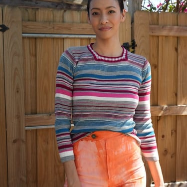 Vintage 70's Sweater / Stripe Knit Top / 1970's 1980's Sweater / Blue Wine Pink White Striped Sweater / Acrylic Top 