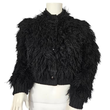 Crissa Cotique 1970's Black Knit Shaggy Yarn Chubby Cropped Coat I Jacket I Sz Sm 