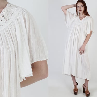 White Gauze Dress Kimono Angel Sleeve Dress, Vintage 1970s Caftan Poolside Outfit, Crochet Beach Coverup, Womens Thin Mid Maxi Dress 