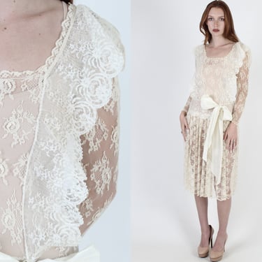 Vintage 80s Deco Wedding Dress / Sheer Floral Lace Flapper Dress / See Through Bridal Outfit / Cream Gatsby Inspired Dress 
