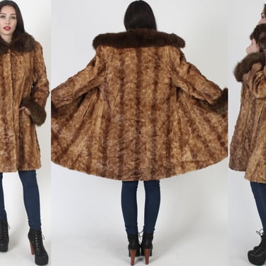 Brown Feathered Mid Length Mink Fur Coat, Vintage Plush Real Arctic Fox Fur Trim, Chubby Winter Apres Ski Patchwork OverCoat 