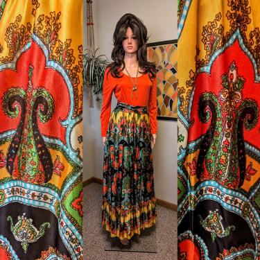 Vintage 1970s Bright Orange Scoop Neck Long Sleeve Hostess Full Skirt Maxi Dress / 60s 70s Psychedelic Boho Colorful Formal Gown 