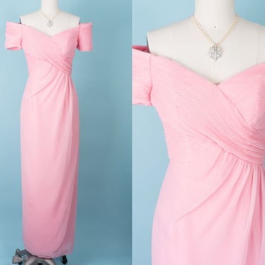 Dreamy 1960s Peony Pink Off-the-Shoulder Ruched Bodice Draped Chiffon Column Dress 