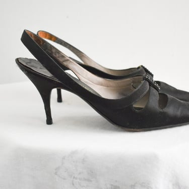 1950s Charles Jourdan Silk Stiletto Heels, Size 9B 