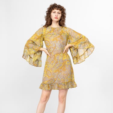 XS-Sm 60s Yellow Paisley Print Bell Sleeve Mini Dress, As Is | Boho Vintage 1960s Sheer Flowy Babydoll Hippie Dress 