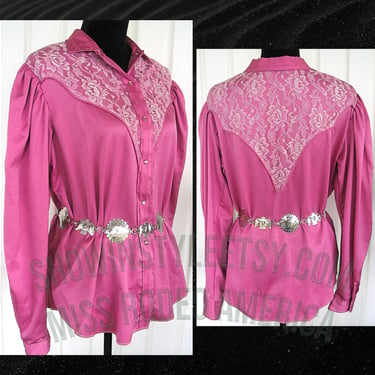 Vintage Retro Women's Cowgirl Western Shirt by Miss Rodeo America, Shiny Burgundy, Medium Pink &Lace Trim, Approx Large (see meas. photo) 