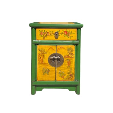 Oriental Distressed Green Yellow Kids Graphic End Table Nightstand cs7339E 