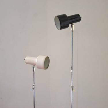 Vintage Chrome Tripod Industrial Floor Reading Lamps in White and Black - Pair 