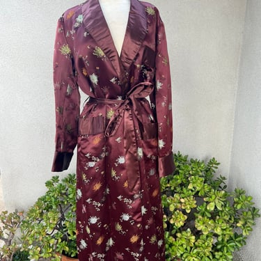 Vintage Mens satin brown brocade wrap robe pockets Sz M by Oriental made in China 