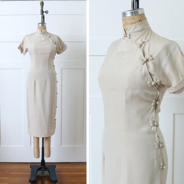 vintage 1960s beige silk cheongsam dress • NOS made in Japan beautifully tailored raw silk dress 