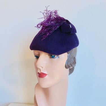 1940's Dark Purple Wool Felt Calot Hat with Ostrich Feather Plume and Bow Trim 40's Fall Winter Millinery WW2 Era Hats Rockabilly Ferncroft 