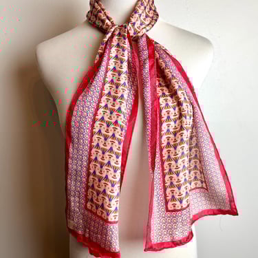 1960’s silk Scarf~ long rectangular neck scarves~ neck bow Retro print with orange 
