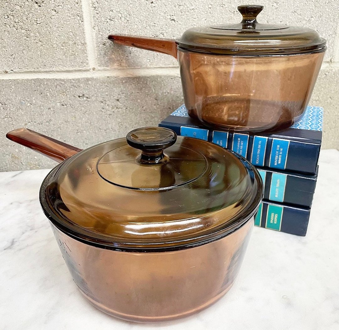 3/4 Quart 3 Cups Visions Sauce Pan With Spout 7 Liter Brown Amber Pyrex  Glass Pot france Vintage Corning Vision Cookware 