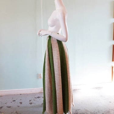 unique 1970s hand-loomed wool skirt in stripes with frayed bottom 