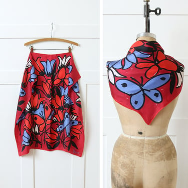 vintage 1970s vera Neumann butterfly scarf • dark red & blue novelty print square silk scarf 