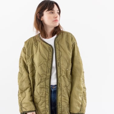 Vintage Green Long Liner Jacket | Unisex Wavy Quilted Nylon Coat | L | LI222 