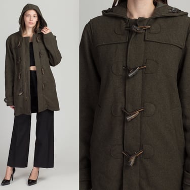 Vintage Olive Hooded Wool Duffle Coat - Men's Medium, Women's Large | Classic Dark Green Toggle Button Long Winter Jacket 