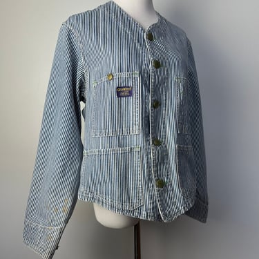 Vintage 50’s -60’s denim jacket/sanforized  engineer chore coat~ RR stripes~ boxy cropped Oshkosh distressed workwear /Medium 