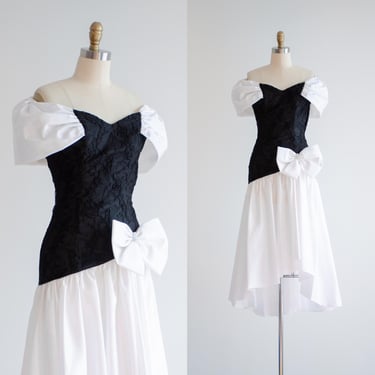 black mermaid dress 80s vintage off shoulder black white formal gown 