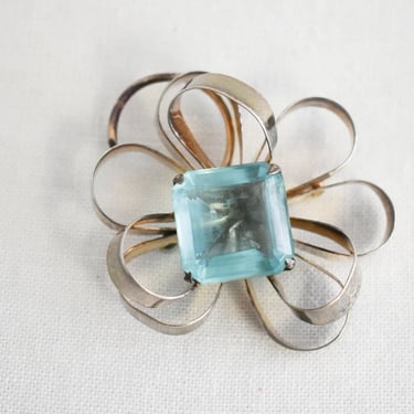 1940s Large Floral Brooch with Blue Rhinestone Center 