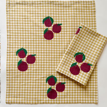 linen dinner napkins. plums on gingham. hand block printed. placemats / tea towel. blue and red. boho home. hostess housewarming gift. 