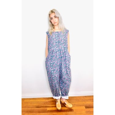 Laura Ashley Jumpsuit // vintage 80s overalls oversize hippie floral cotton hippy corduroy dress 90s // O/S 
