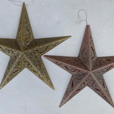 Hanging Vintage Glitter Stars, 10.5" Plastic Cut Out Stars, Christmas Stars Set Of Two, One Silver, One Rose Silver, New Year's Decor 
