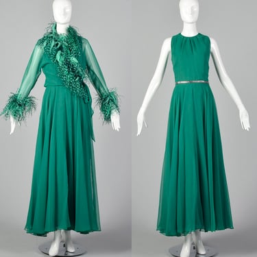 Medium Adele Simpson Elizabeth Arden 1970s Gown Vintage Gown and Jacket Set Feather Gown Green Gown Green Maxi 