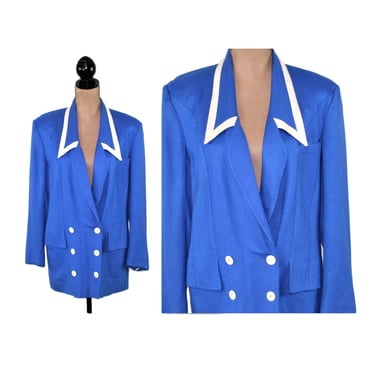 Vintage 80s  LOUIS FERAUD Royal Blue Blazer with White Trim | 1980s Oversized Double Breasted Shoulder Pad Blazer Women Medium 