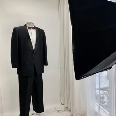 1950'S-60's 2 Piece Tuxedo - Black Satin Shawl Collar - Hubert White -  Double Pleated Wide Legged Baggies - Men's Size Large 42 Long 