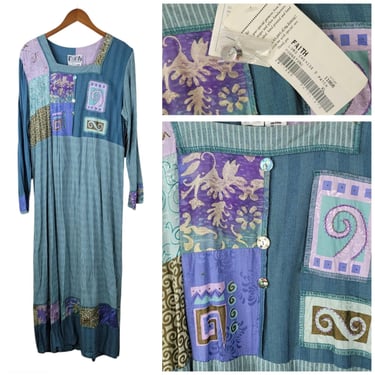 Vintage NEW Faith Shirt Dress Large XL Art to Wear Patchwork Modest Long Blue 