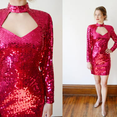 1980s Hot Pink Sequined Cocktail Dress - XS 