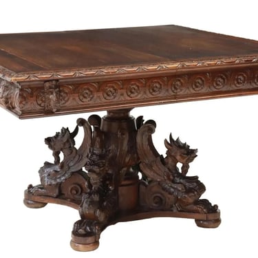 Antique Table, Renaissance Revival, Carved, Extension, Pedestal, Apron, 1800's!