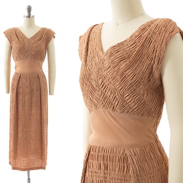 Vintage 1940s Dress | 40s NETTIE ROSENSTEIN Shirred Rayon Crepe Burnt Tan Earth Tone Wiggle Sheath Cocktail Evening Dress (x-small) 