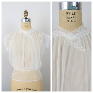 Vintage 1950s sheer white nylon blouse, high neck, cocktail, evening, party, size medium 