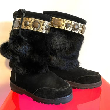 Gorgeous Fur Mukluk Boots • Apres Ski • Black Rabbit PomPoms + Gold Metallic Leather with bronze studs medallions • Hippie Boho Inuit Eskimo 