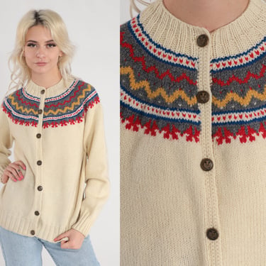 70s Wool Cardigan Cream Icelandic Sweater Button up Knit Sweater Red Yellow Striped Zig Zag Print Fair Isle Nordic Vintage 1970s Small S 